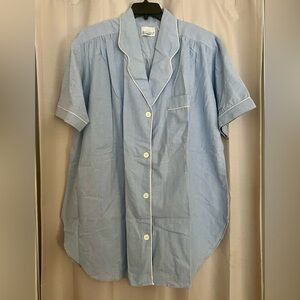 Beth Michaels Blue Long Cotton Sleep Shirt Short Sleeve Button Front